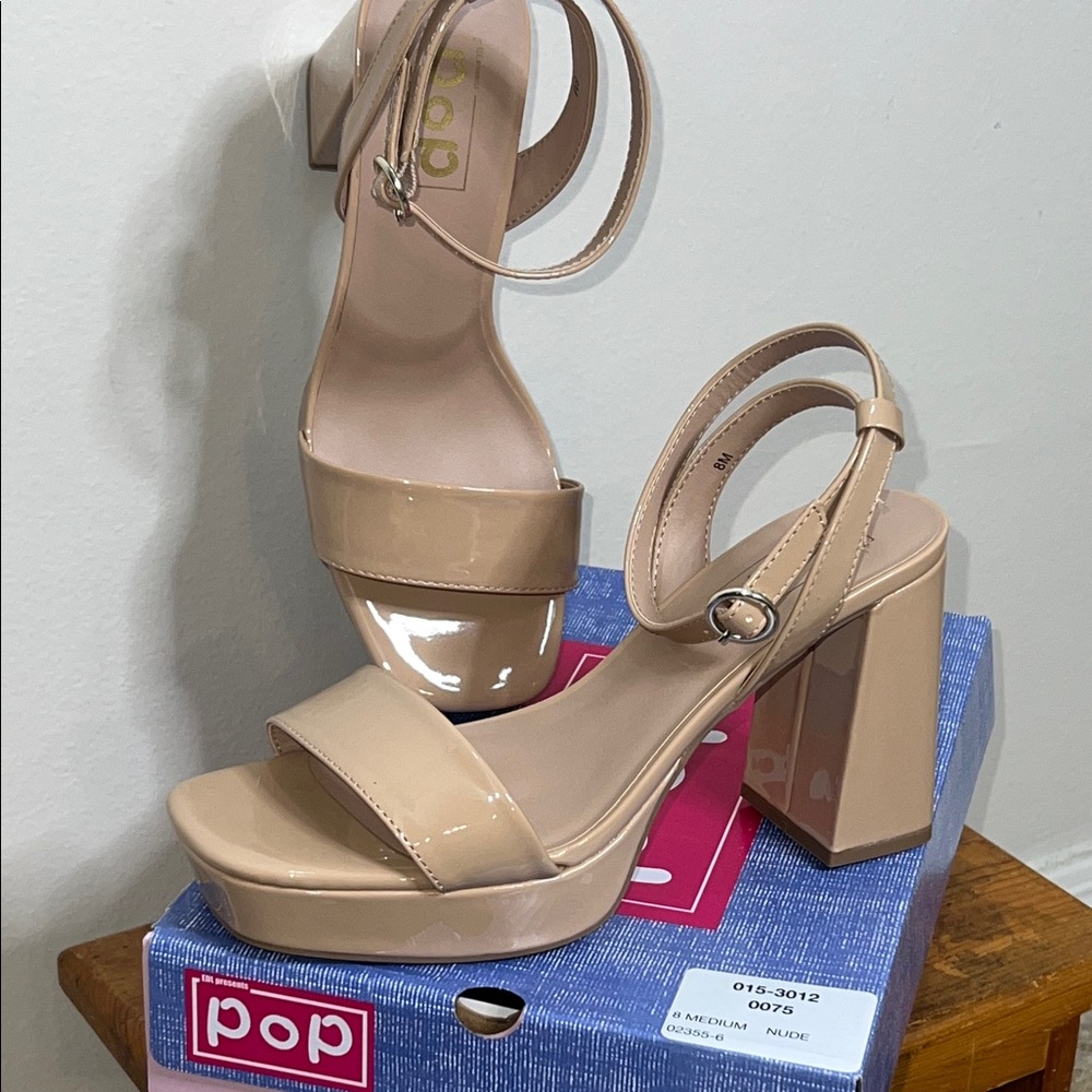 POP Nude‎ Patent Block Heel Sandals with Ankle Strap